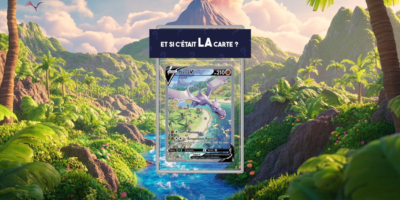 Bannière mettant en avant une carte gradée disponible dans les packs Poképhoria : Ptéra-V 180 de la série Pokémon Origine Perdue.