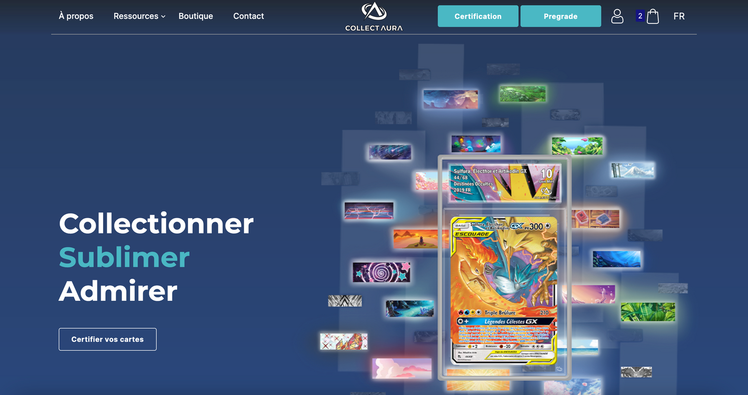 Capture d'écran de la page d'accueil du site CollectAura, service utilisé par Poképhoria pour grader ses cartes Pokémon.