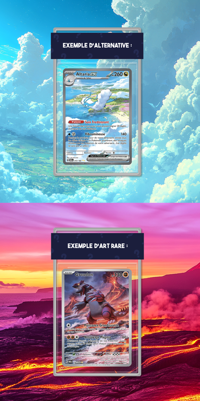 Exemple de cartes gradées disponibles dans les packs Poképhoria : Altaria ex 253 alternative et Groudon 199 Art Rare de la série Pokémon Faille Paradoxe.